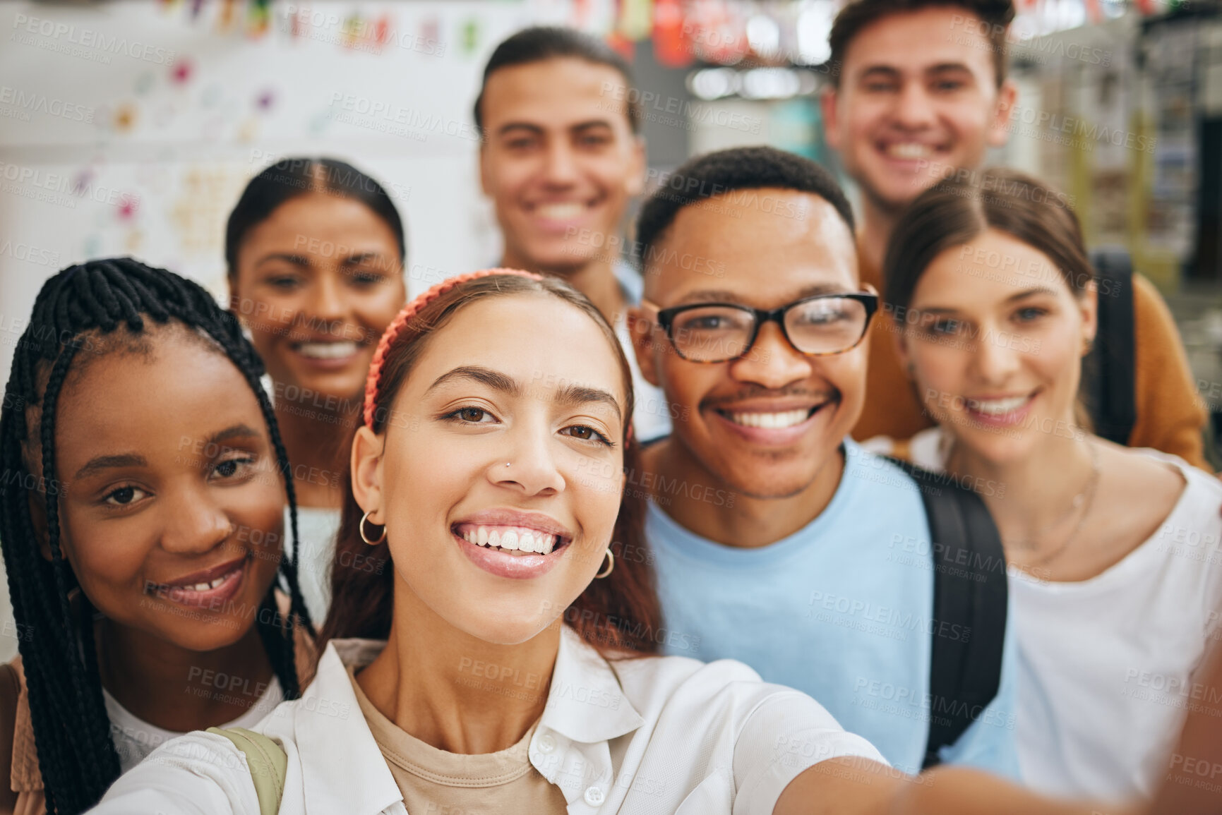 Buy stock photo University friends, students and group selfie for social media at college, school and campus. Portrait of diversity, happy and gen z young people studying, education and learning knowledge together