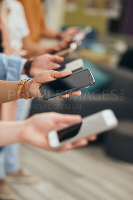 Buy stock photo Social media, hands and row of smartphone people for internet app communication or wifi streaming. Phone consumer group holding device for digital leisure and online entertainment in a line