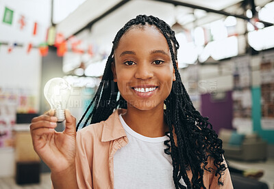 Buy stock photo Light bulb, idea and black woman student portrait in classroom for learning innovation, education and knowledge. Inspiration, ideas and college girl with lightbulb icon or sign for problem solving