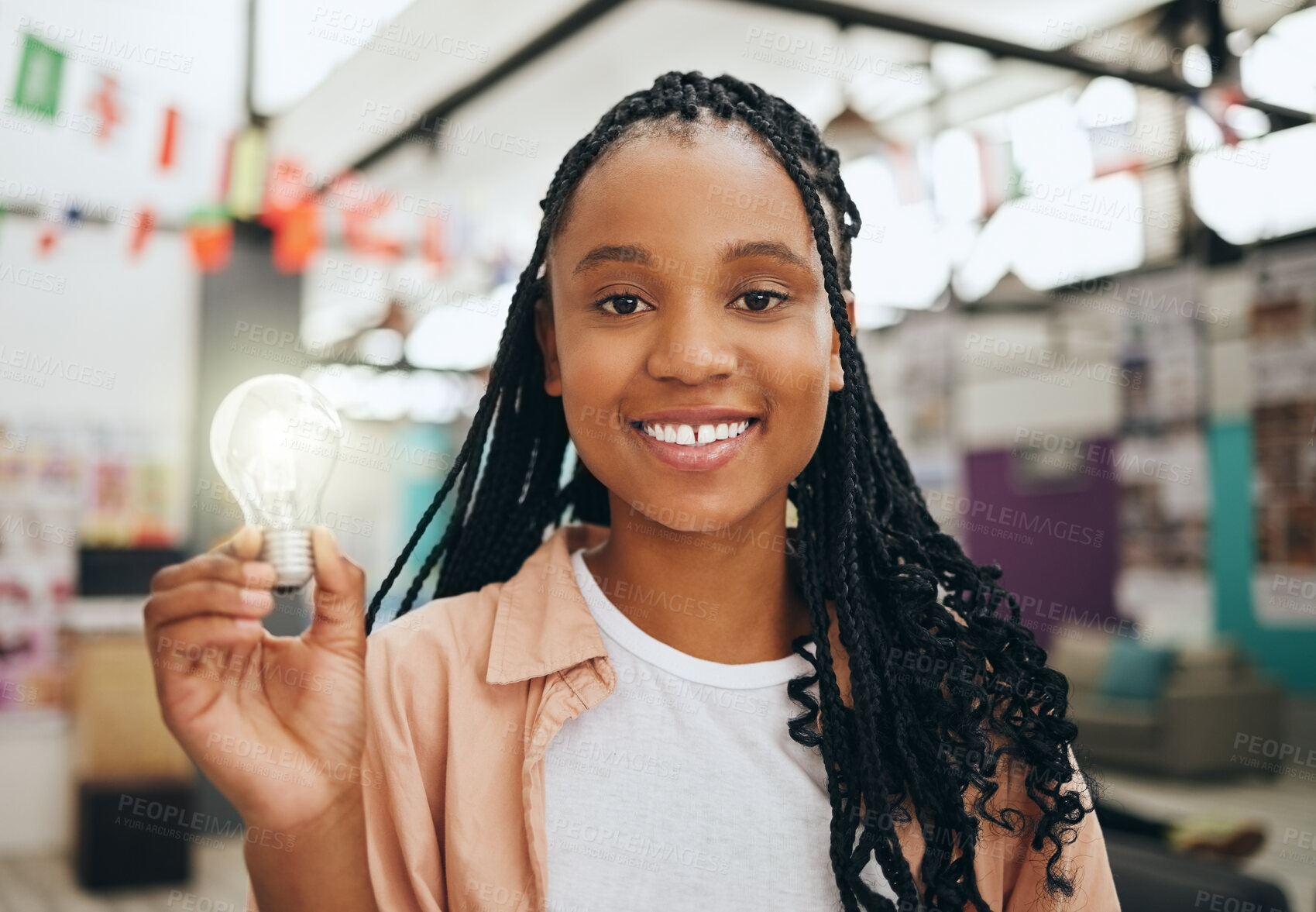 Buy stock photo Light bulb, idea and black woman student portrait in classroom for learning innovation, education and knowledge. Inspiration, ideas and college girl with lightbulb icon or sign for problem solving
