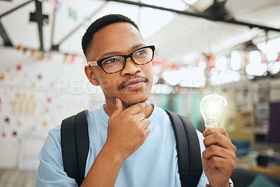 Buy stock photo Education, thinking and man student with an idea, light bulb and innovation in a class. Vision, mission and goal by student planning and brainstorming scholarship motivation, plan success strategy