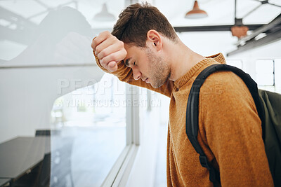 Buy stock photo Burnout, depression or mental health with man student from anxiety or exam stress for education, college or university. Sad, headache or scared male thinking about fail, problem or project deadline
