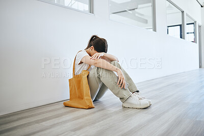 Buy stock photo Depression, stress and woman on the floor on an office, frustrated and suffering with mental health problem. Burnout, anxiety and pressure by jobless female feeling hopeless looking for a job