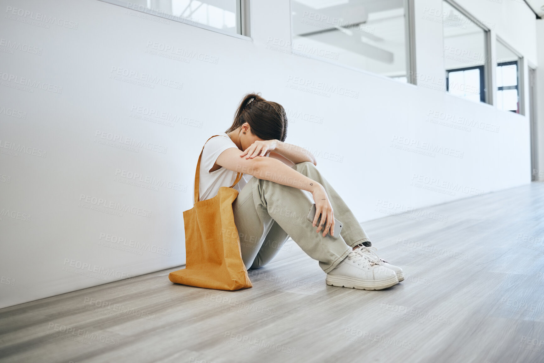 Buy stock photo Depression, stress and woman on the floor on an office, frustrated and suffering with mental health problem. Burnout, anxiety and pressure by jobless female feeling hopeless looking for a job