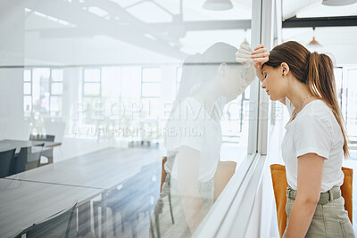 Buy stock photo Burnout, frustrated and sad student by classroom window for fail, mistake or bad time management with mental health problem. Depressed, tired and fatigue college woman with study headache university