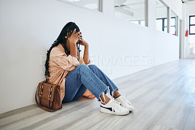Buy stock photo Stress, anxiety and woman on the floor in office with depression, frustration and mental health problems. Burnout, overworked and tired girl sitting and crying with a headache in a modern workplace.