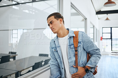 Buy stock photo Burnout, anxiety and sad student frustrated exam inspiration, studying or learning problem in university campus. Man suffering with depression, burnout and tired in college, education or school hall