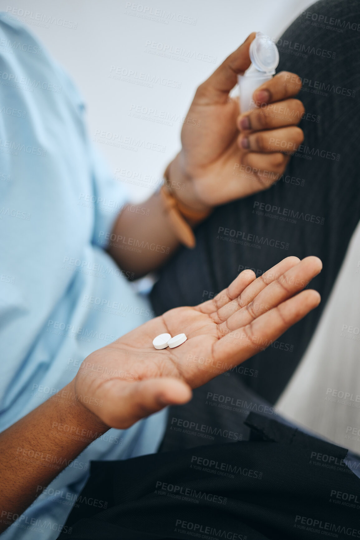 Buy stock photo Man hands, medicine pills and medical tablet treatment for sick, healthcare and pharmaceutical drugs help. Closeup person daily capsules of antibiotics, wellness vitamins and pain healing supplements