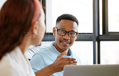 Buy stock photo Black man, designer and creative discussion with staff for ideas, strategy and planning in marketing agency startup. Young african guy talking, speaking and explain colleague, employees and teamwork