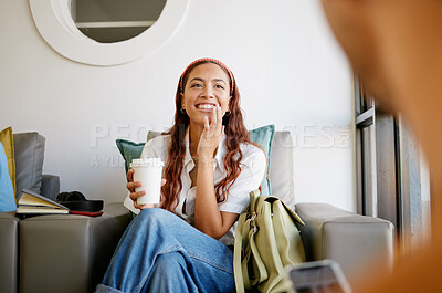 Buy stock photo Coffee, study and education with a woman student in the breakroom between class on university campus. College, scholarship and learning with a young female pupil studying for an exam or test