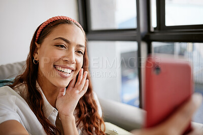 Buy stock photo Video call, communication and happy black woman with phone talking, conversation and relax at home. Discussion, speaking and young gen z girl smile on 5g smartphone call with mobile cellphone contact