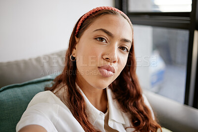 Buy stock photo Woman, selfie or kiss face expression in university, college or school campus on study break in trendy, style or fashion clothes. Portrait, fun and learning student in photograph pov for social media