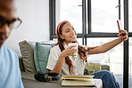 Phone, coffee and girl taking a selfie at school, university or college cafe for a fun and relaxing study break. Smile, photo and happy student drinking espresso sharing pictures for social media app