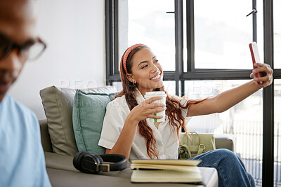 Buy stock photo Phone, coffee and girl taking a selfie at school, university or college cafe for a fun and relaxing study break. Smile, photo and happy student drinking espresso sharing pictures for social media app