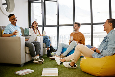 Buy stock photo Creative, studying and students meeting for project collaboration, teamwork or research planning in university workspace. Design, creativity and relax gen z group of people in college work discussion