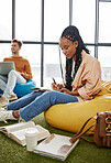 Study, university and woman student writing and learning for exam with a friend for education. College students studying with diversity, learn and scholarship knowledge in a school campus room