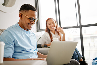 Buy stock photo Man, laptop and startup smile with woman coworking marketing, social media or seo project on internet. Black man, happy and computer in office with girl in teamwork collaboration for advertising job
