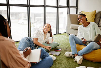 Buy stock photo Writing, studying and collaboration student friends in university lounge for a group project, teamwork and planning schedule. Young women relax with coffee and brainstorming ideas and time management