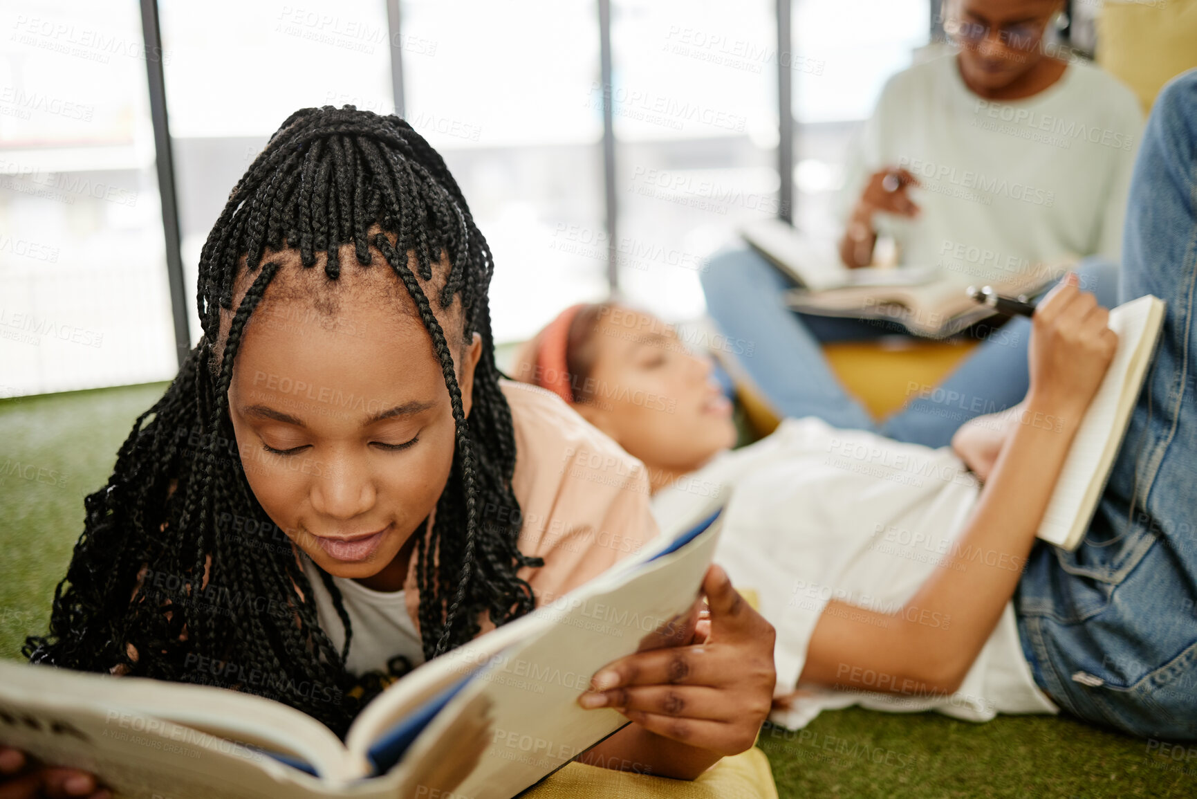 Buy stock photo Education, study and learning students group of people studying for test, exam or doing research project on school campus. University, young college friends or a relax gen z black woman reading books