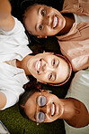 Top view, students or diversity in fun selfie in university, women college or global school campus in relax study break. Face portrait, smile or happy education friends in pov social media photograph