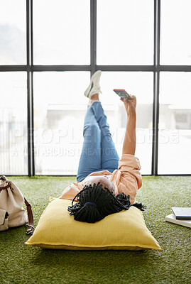 Buy stock photo Phone selfie, black woman and student relax on study break after studying for university, college or school scholarship. Education campus, learning or girl with mobile smartphone post to social media