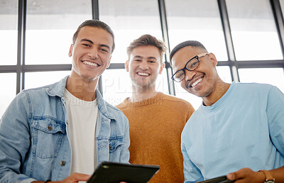 Buy stock photo Study, digital tablet and students or friends portrait happy with course information, university group project or collaboration teamwork. College men with technology for online learning app together