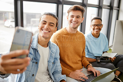 Buy stock photo Selfie with phone, group of male students smile and take video for social media together with laptop. University, technology and education, happy young man with smile taking picture of class friends.