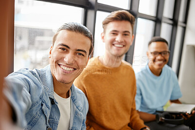 Buy stock photo College students selfie, men friends and social media at university, school and campus. Diversity, happy portrait perspective and gen z young group taking photos for studying, education and learning