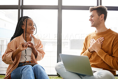 Buy stock photo Business, students and internship working opportunity with man and woman working on a laptop in a modern office. Goal, planning and learning by colleagues collaboration on online marketing project