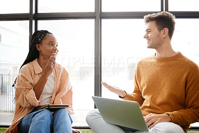 Buy stock photo Friends, diversity and student friends talking and speaking together with technology. University students in a discussion chatting about education and study work with a smile happy about working