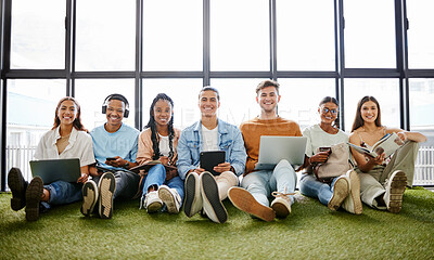Buy stock photo Portrait of team in creative workspace for startup business, working on laptop. Technology, teamwork and diversity in modern city office. Multicultural group with tablet, smartphone and digital tech