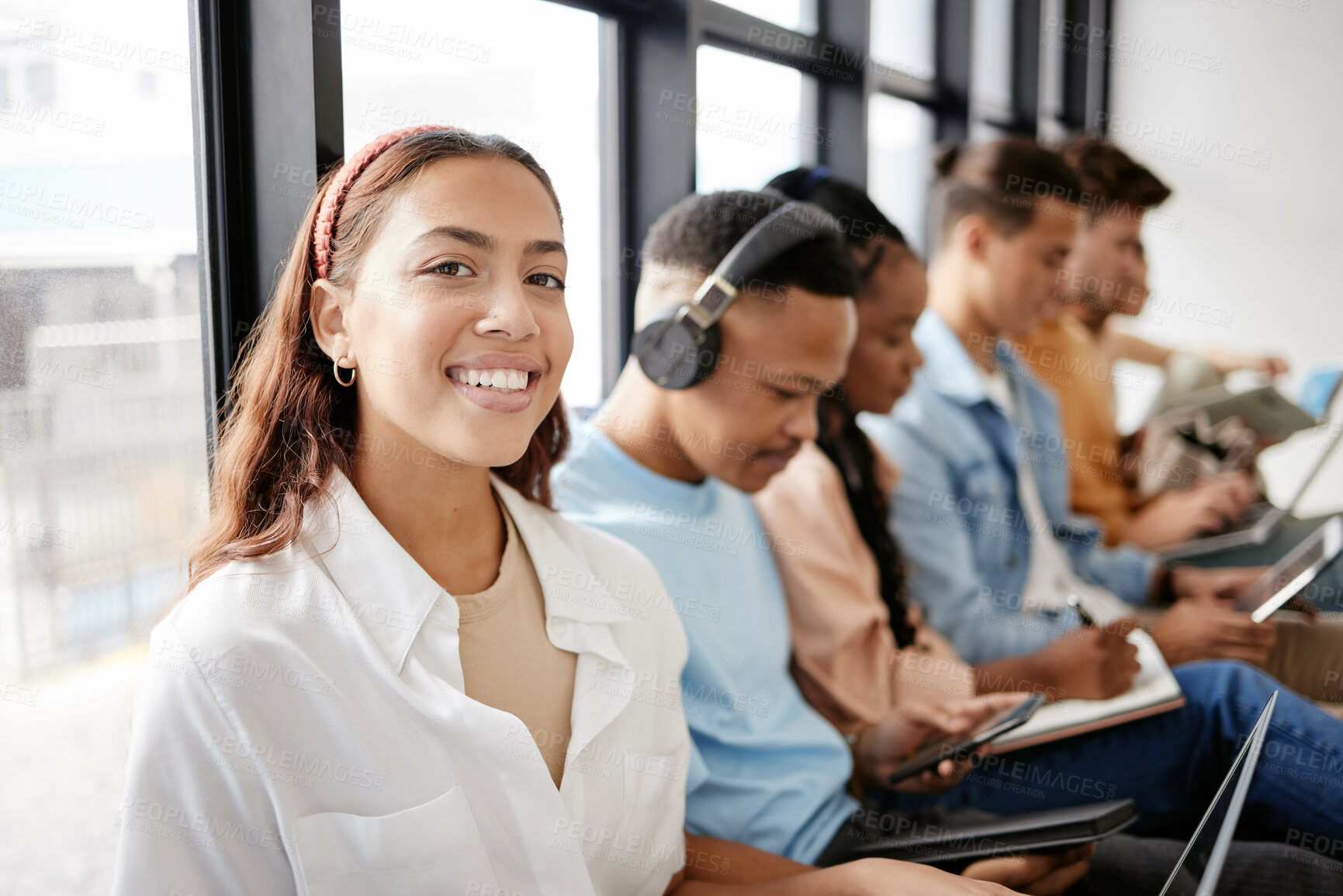 Buy stock photo Studying, technology and students in university for digital or online education, learning and knowledge. College girl portrait happy with school workspace and people with multimedia for productivity