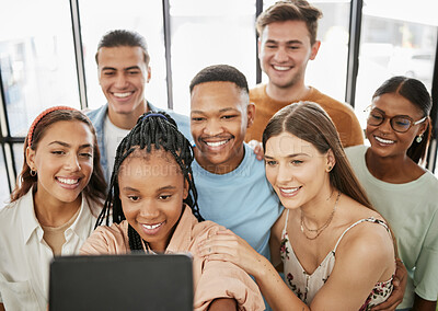 Buy stock photo Selfie, diversity and group of friends happy, smile and relax on fun day, catch up and being together. Top view, multiracial and student team hang out ready for good time, connection and conversation