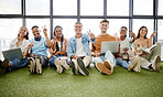 Peace sign, business students or people on laptop in digital marketing startup, creative brand ideas or education on relax turf. Portrait, smile or happy university friends with tech and cool gesture