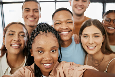 Buy stock photo Happy student selfie, diversity or friends with team building, mission or collaboration in library. University, motivation or college in teamwork or success working with education or class portrait