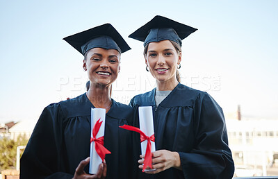 Buy stock photo Graduation, friends and portrait of students graduate, bond celebration of certificate success. Education, learning and ladies excited about career goal, ready to leave university and achieve dream