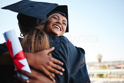 Buy stock photo Students, graduation and happy together for hug to celebrate at college. Women, friends and graduate with certificate for study with success in education, learning and goal achievement at university