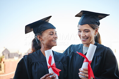 Buy stock photo Education, friends and women at graduation, happy and excited about certificate success. Future, university and scholarship with smiling students talking and enjoying graduate celebration event
