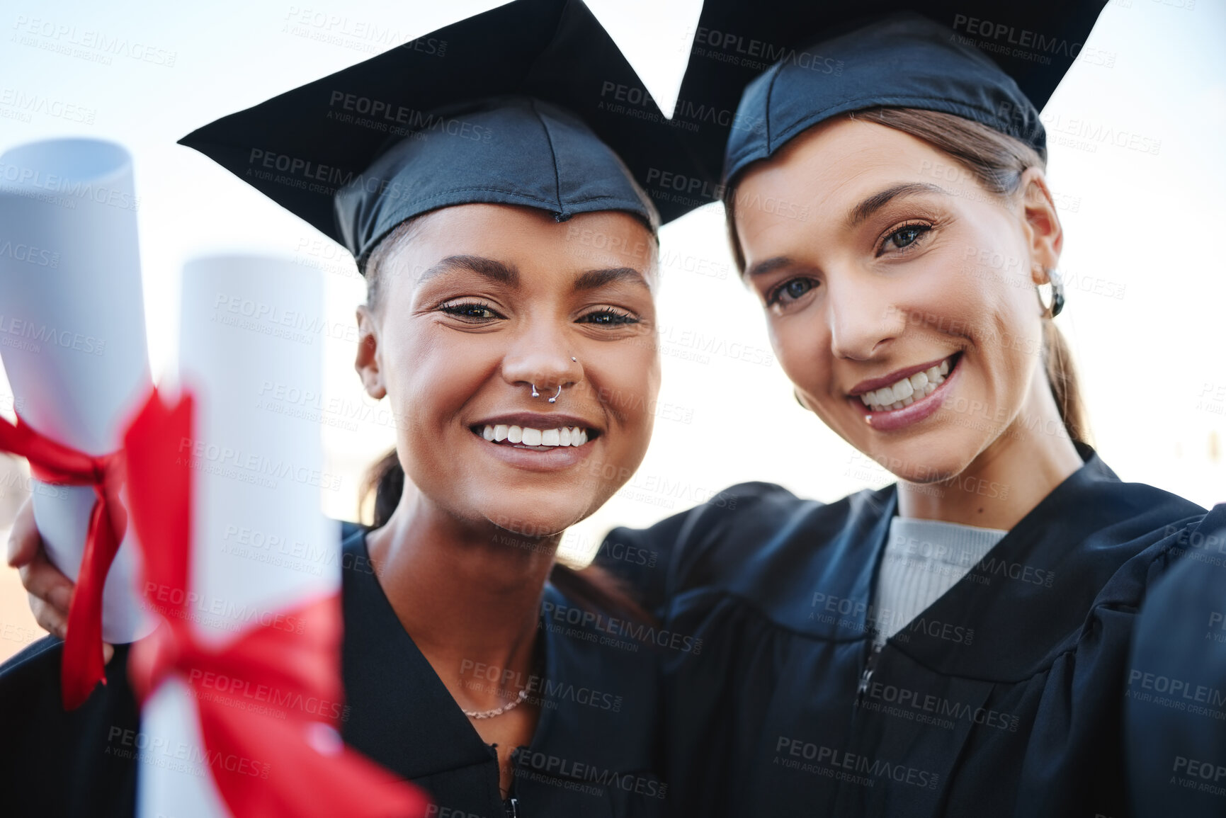 Buy stock photo Graduation, friends and selfie by students with certificate, happy and excited to graduate. Success, education and university event in celebration of study achievement with portrait of women face
