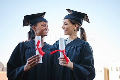 Buy stock photo Friends graduate, graduation and university success celebration of women together outdoor. Education, study scholarship and college certificate of achievement of a girl hug with a happiness smile 