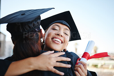 Buy stock photo Education, graduation and success with students and hug with certificate for celebration, vision or happy after university. Scholarship, friends or support with girl graduate and college diploma