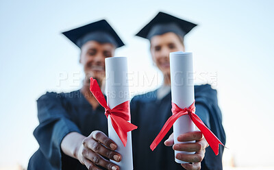 Buy stock photo Diploma, success and hands at university graduation with celebration together at school. Students with paper certificate award after scholarship achievement in college education for future motivation