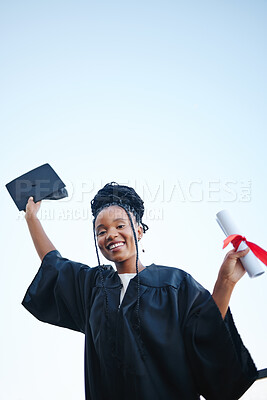 Buy stock photo Success, graduation and education with black woman and certificate from university, celebration or happy. Scholarship, smile and vision with girl student and diploma for achievement and motivation   