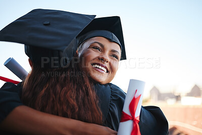 Buy stock photo Success, graduation and friends hug at event in celebration of education achievement. Congratulations, smile and happy students embrace, sharing optimistic moment of friendship at graduate ceremony