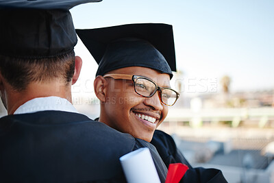 Buy stock photo Happy, graduation and college graduate hug with happiness and congratulations outdoor smile. University, college success and diploma event of a black man getting a education degree and certificate