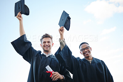 Buy stock photo Graduation, education and students with blue sky happy with success in university, college or school study. Celebration, diversity and graduate people with diploma certificate smile over achievement