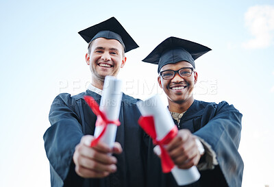 Buy stock photo Diploma, happy and friends at graduation from university education for celebration, success and knowledge. Portrait of men with smile for college certificate after achievement in graduate school