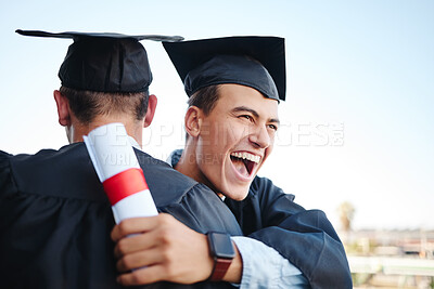Buy stock photo Happy, success and students hugging at graduation on university campus to celebrate achievement. Happiness, education and friends graduate embracing in celebration with diploma excited for the future