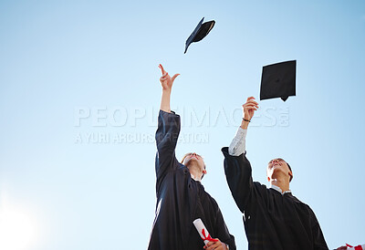 Buy stock photo Graduation cap throw, blue sky and friends after a diploma, certificate and degree ceremony event. Education, university and school scholarship success of students happy about college achievement