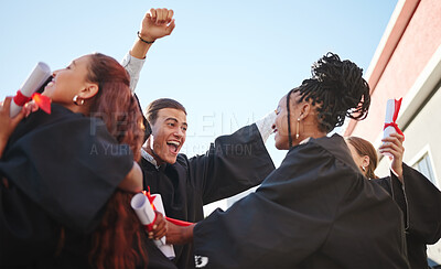 Buy stock photo Celebration, happy and student graduation at a certificate, diploma and education success event. Students, friends and university students with happiness of a graduate, class and college achievement